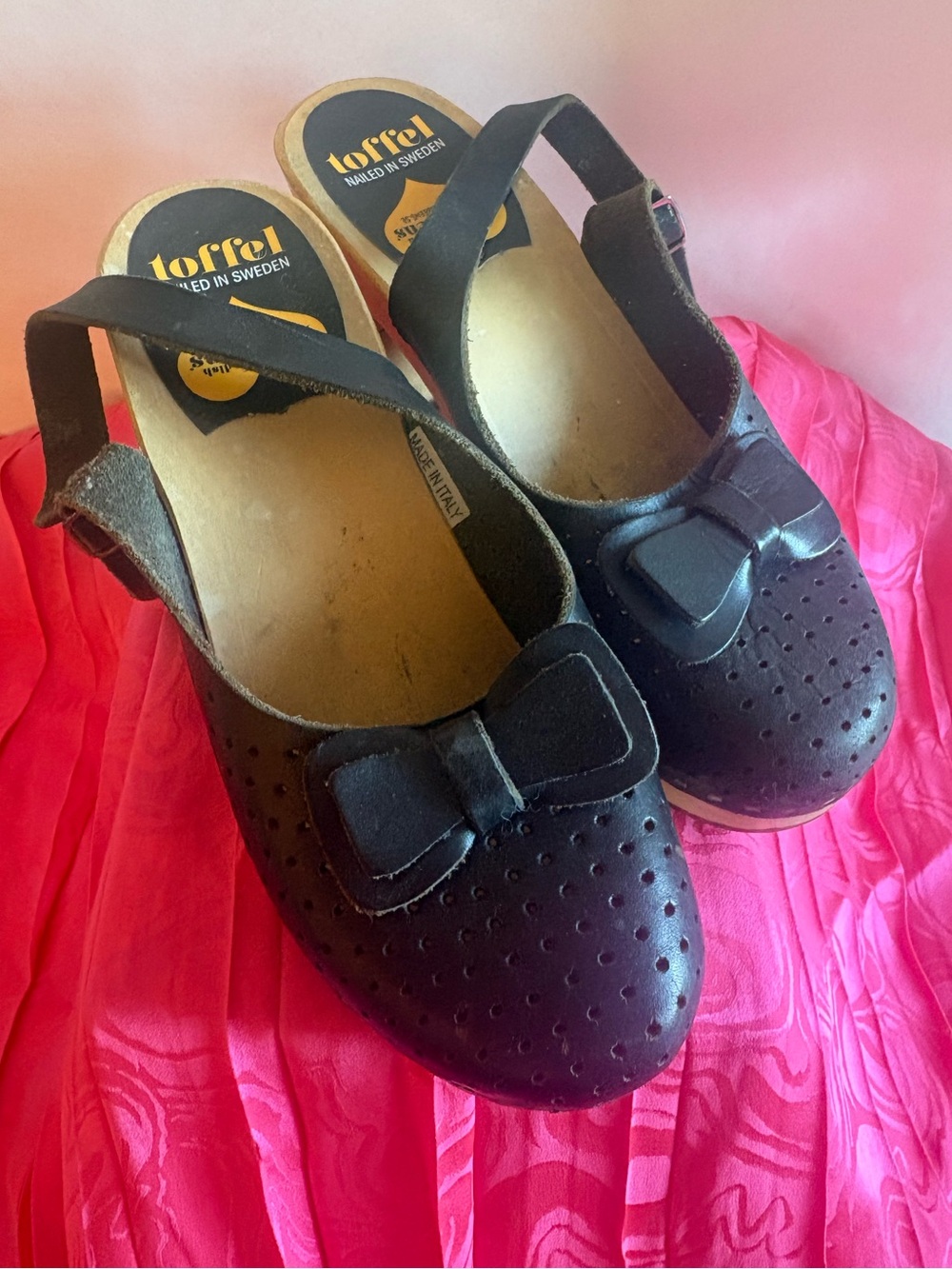 Swedish Hasbeens Black Bow Slingback Clogs